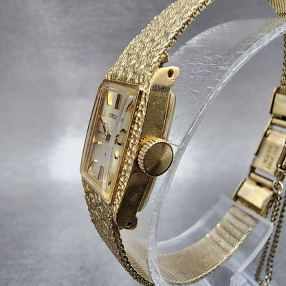 Seiko Tank Watch Women 15mm Champagne Dial Gold Plated Rectangle Manual Runs2