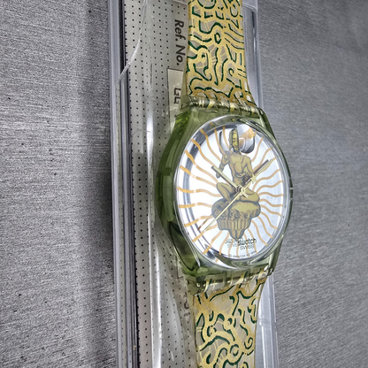 Swatch Tai Sun Watch Men 34mm Silver Dial Green Case GG133 New Battery NOS5