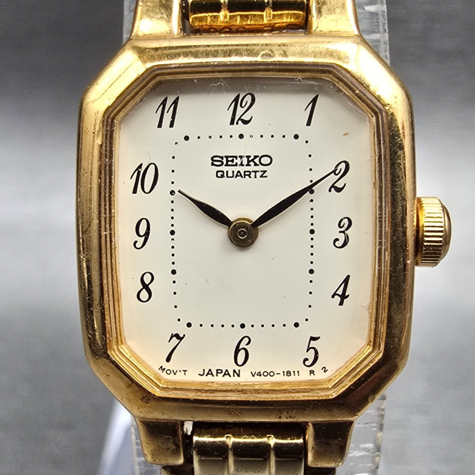Seiko Watch Women 17mm White Dial Gold Rectangle V400-5608 New Battery JP1