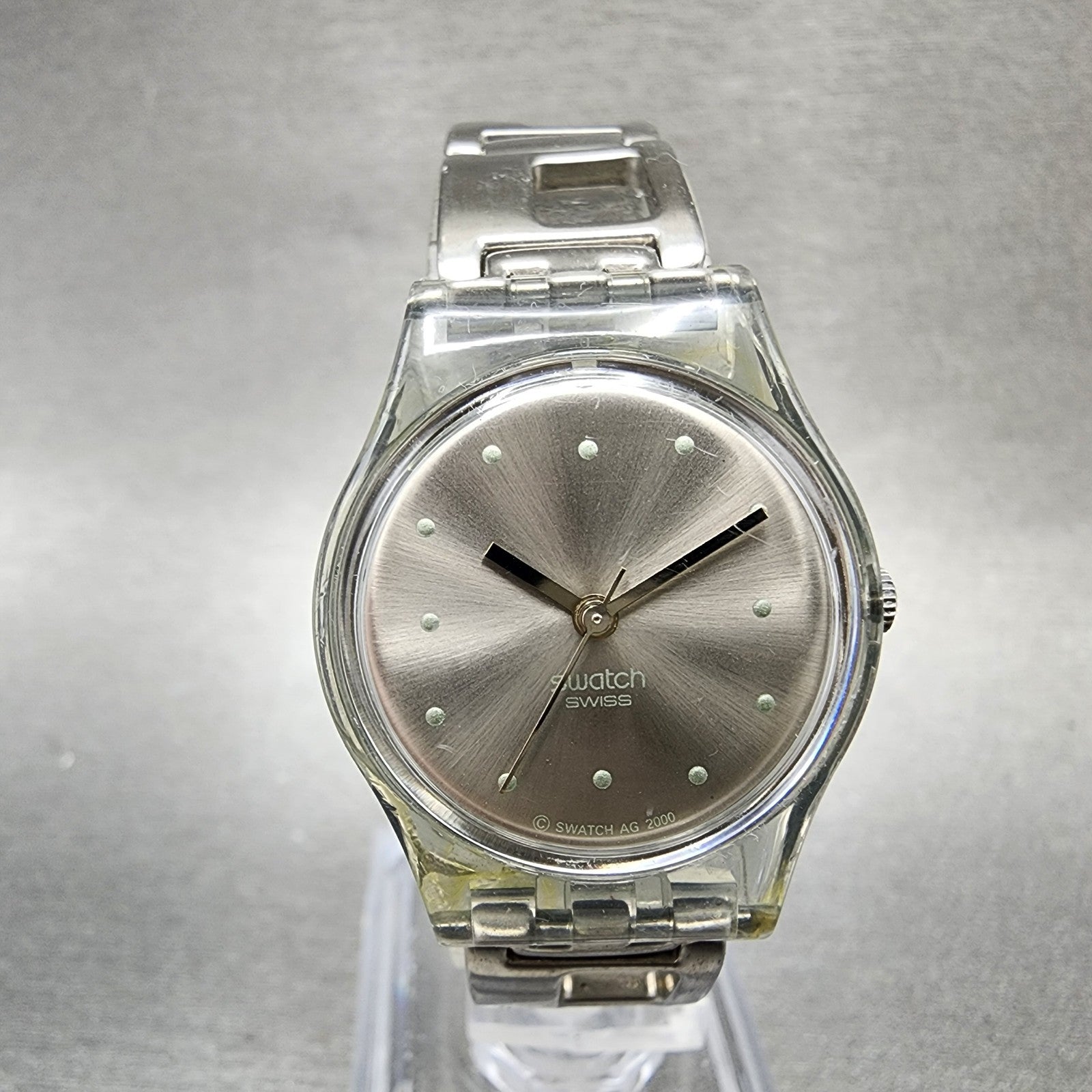 Swatch Watch Women 25mm Silver Dial Clear Case Round New Battery VTG0