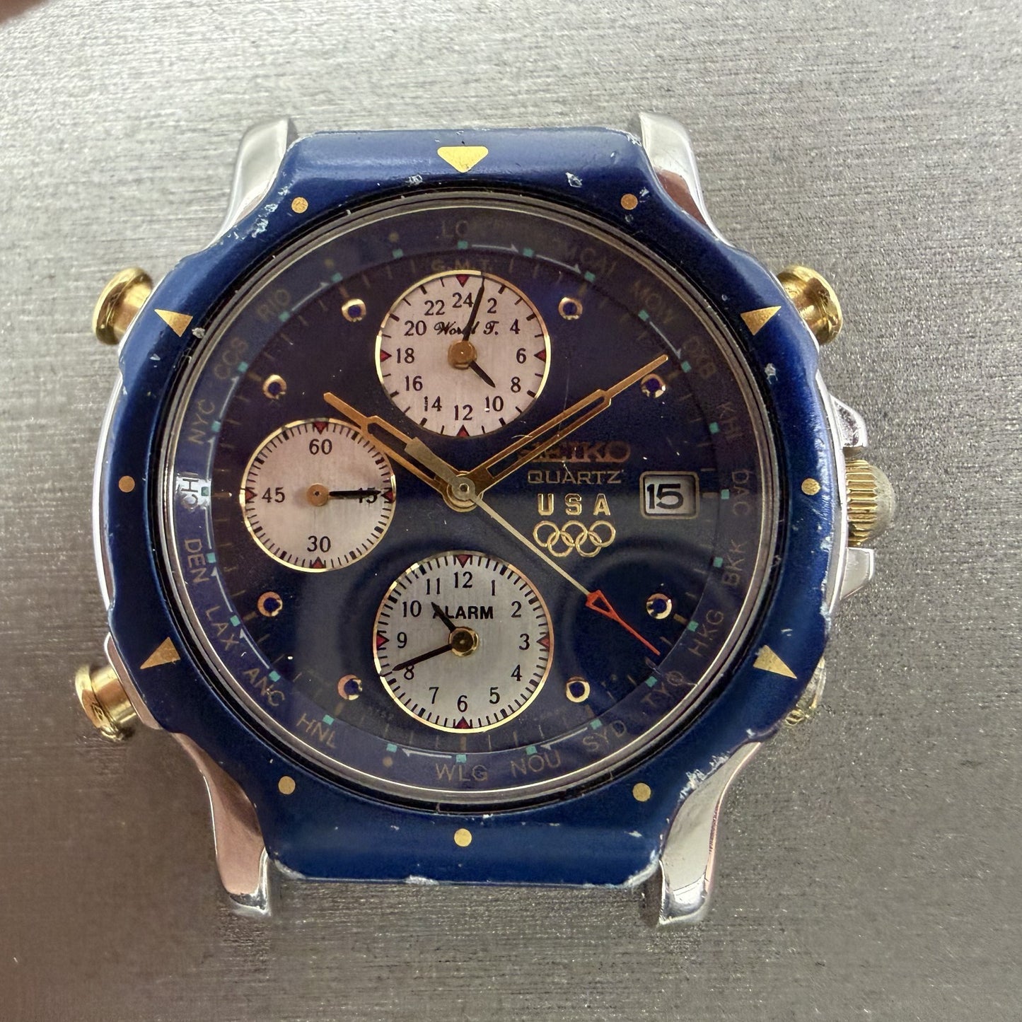 Seiko Team USA World Time Watch Men 37mm Blue Silver Tone Alarm Date PARTS2