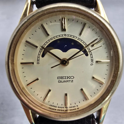 Seiko Moon Phase Watch Women 24mm Cream Dial Gold Tone Round 2A24-0028 New Batt1