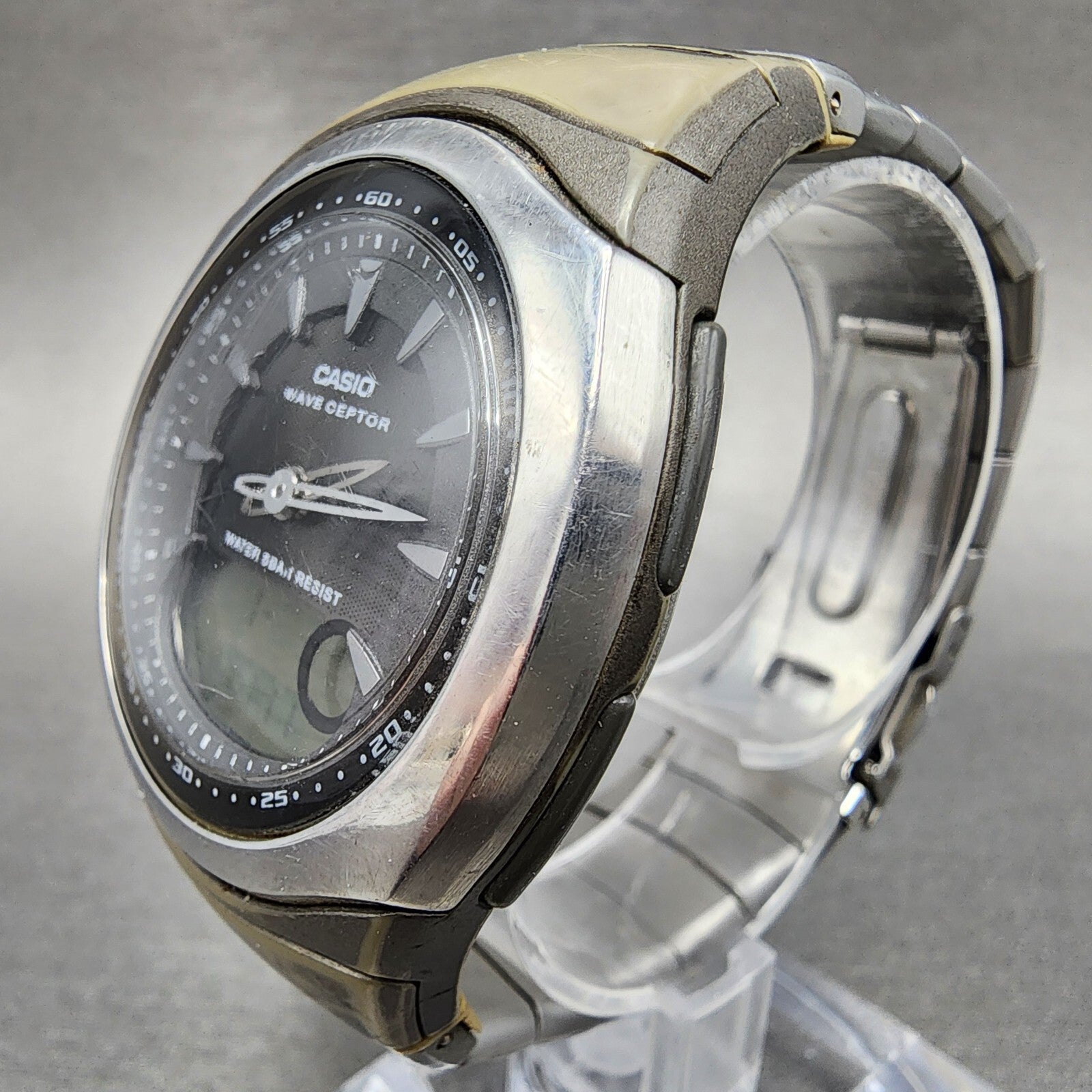 Casio Wave Ceptor Watch Men 42mm Black Dial Silver Tone Analog Digital WVA1022