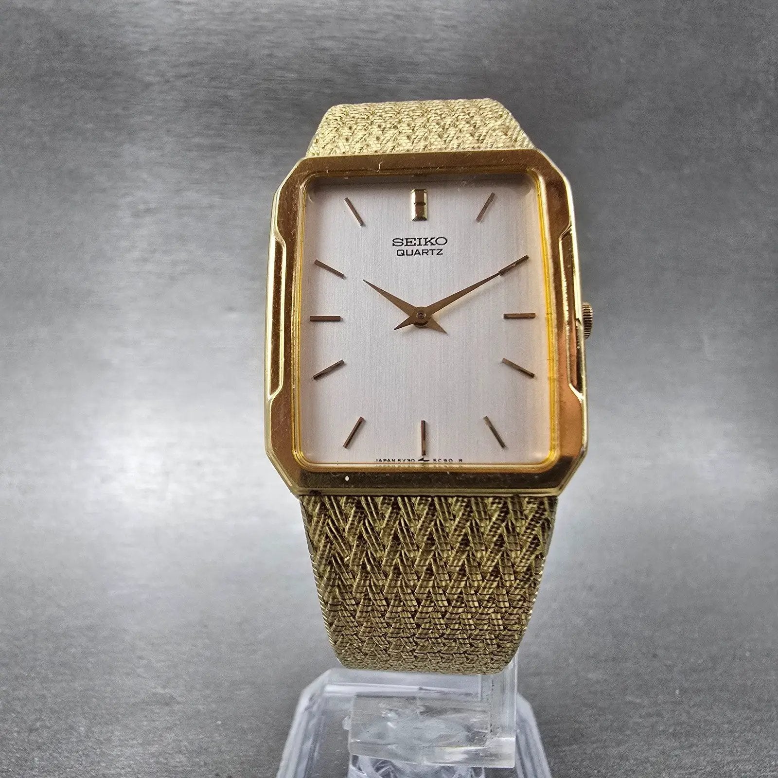 Seiko Tank Watch Men 25mm Silver Dial Gold Tone Rectangle 5Y30-5B49 New Battery5