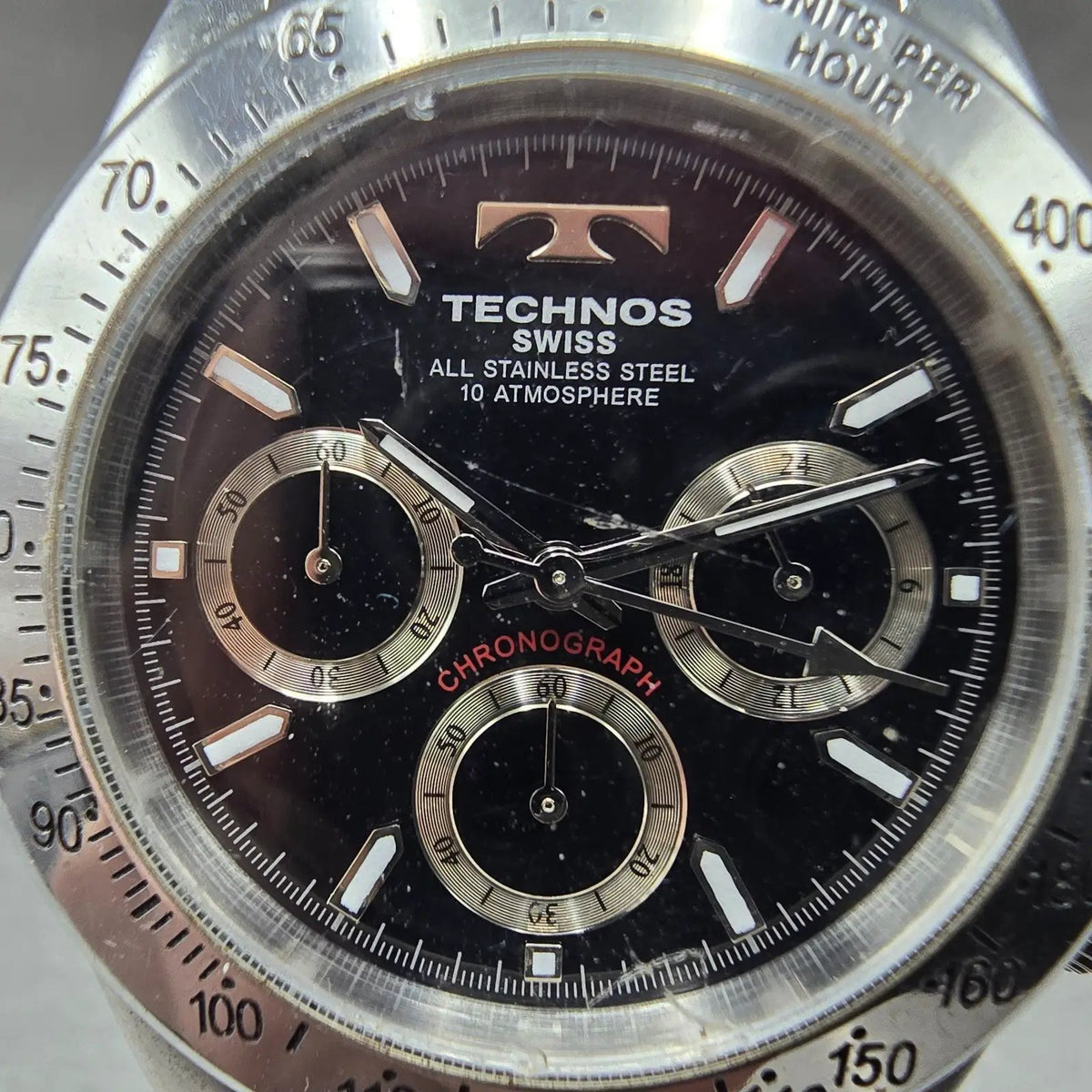 Technos Chronograph Watch Men 40mm Black Dial Silver TGM615 New Battery JDM1