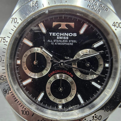 Technos Chronograph Watch Men 40mm Black Dial Silver TGM615 New Battery JDM1