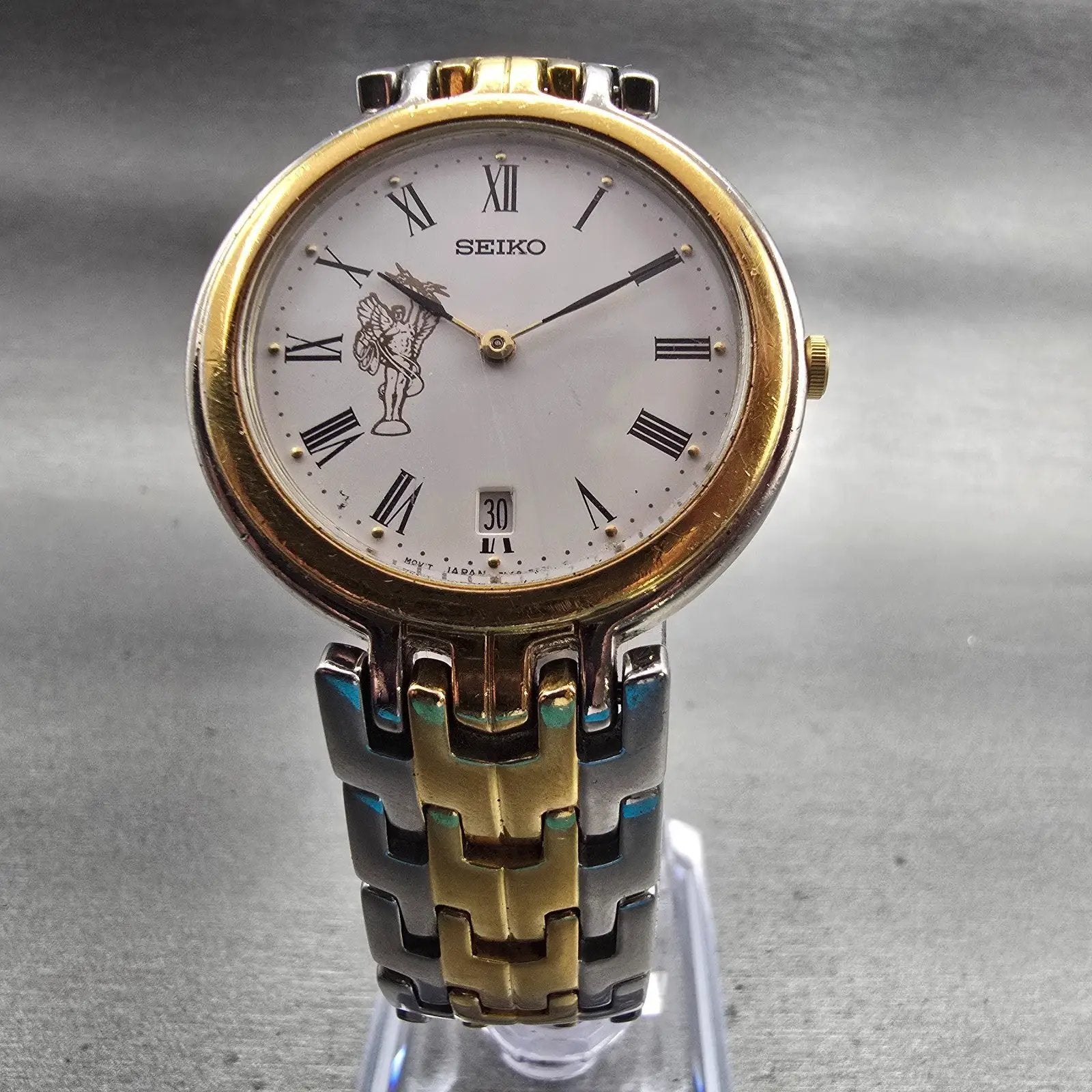 Seiko Watch Men 34mm White Dial Two Tone Date Round 7N39-7029 New Battery VTG5