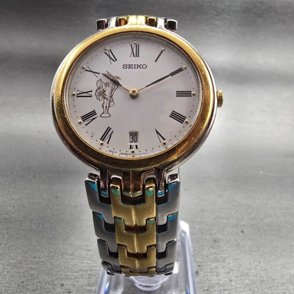 Seiko Watch Men 34mm White Dial Two Tone Date Round 7N39-7029 New Battery VTG5