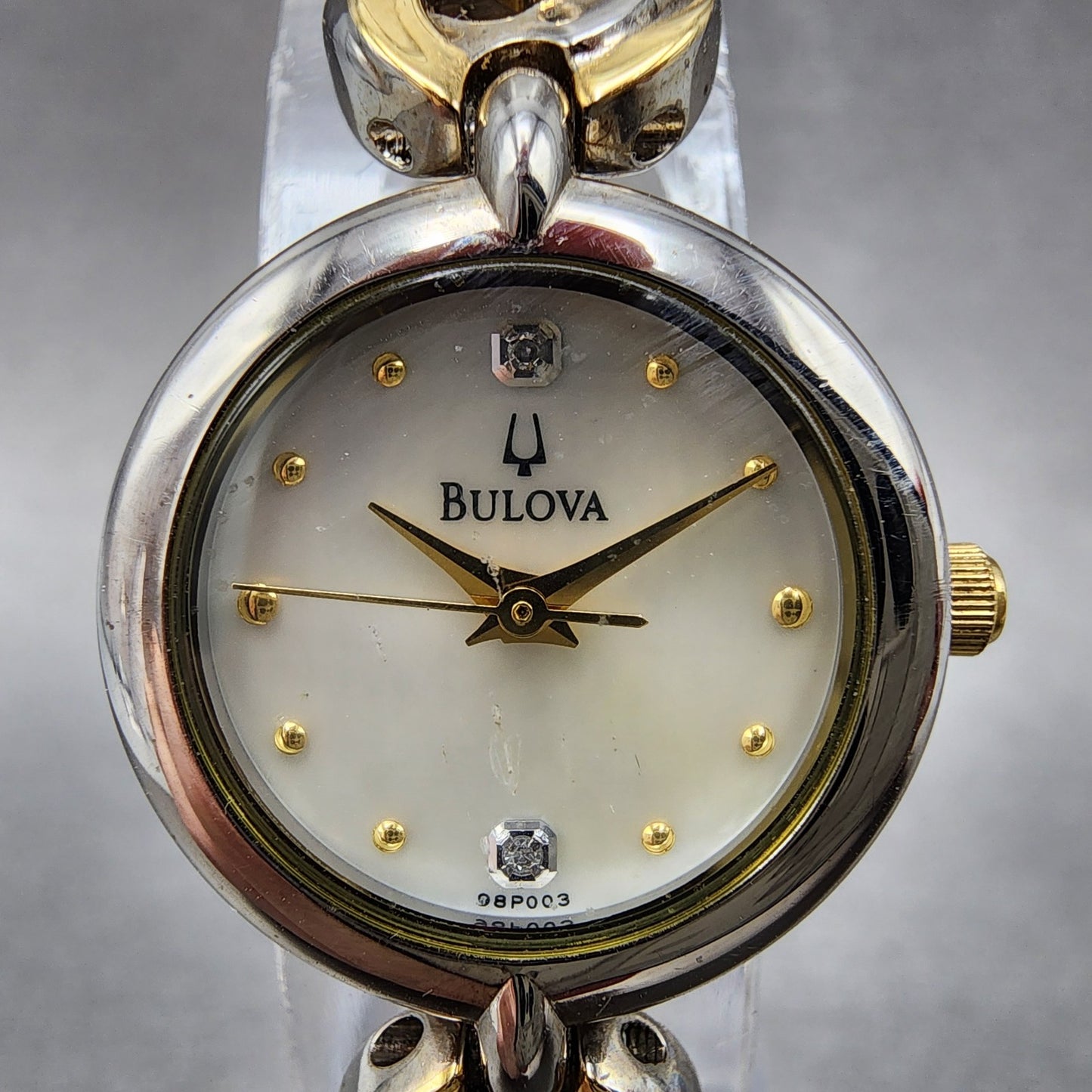 Bulova Diamond Watch Women 21mm MOP Dial Two Tone Round 98P003 New Battery0