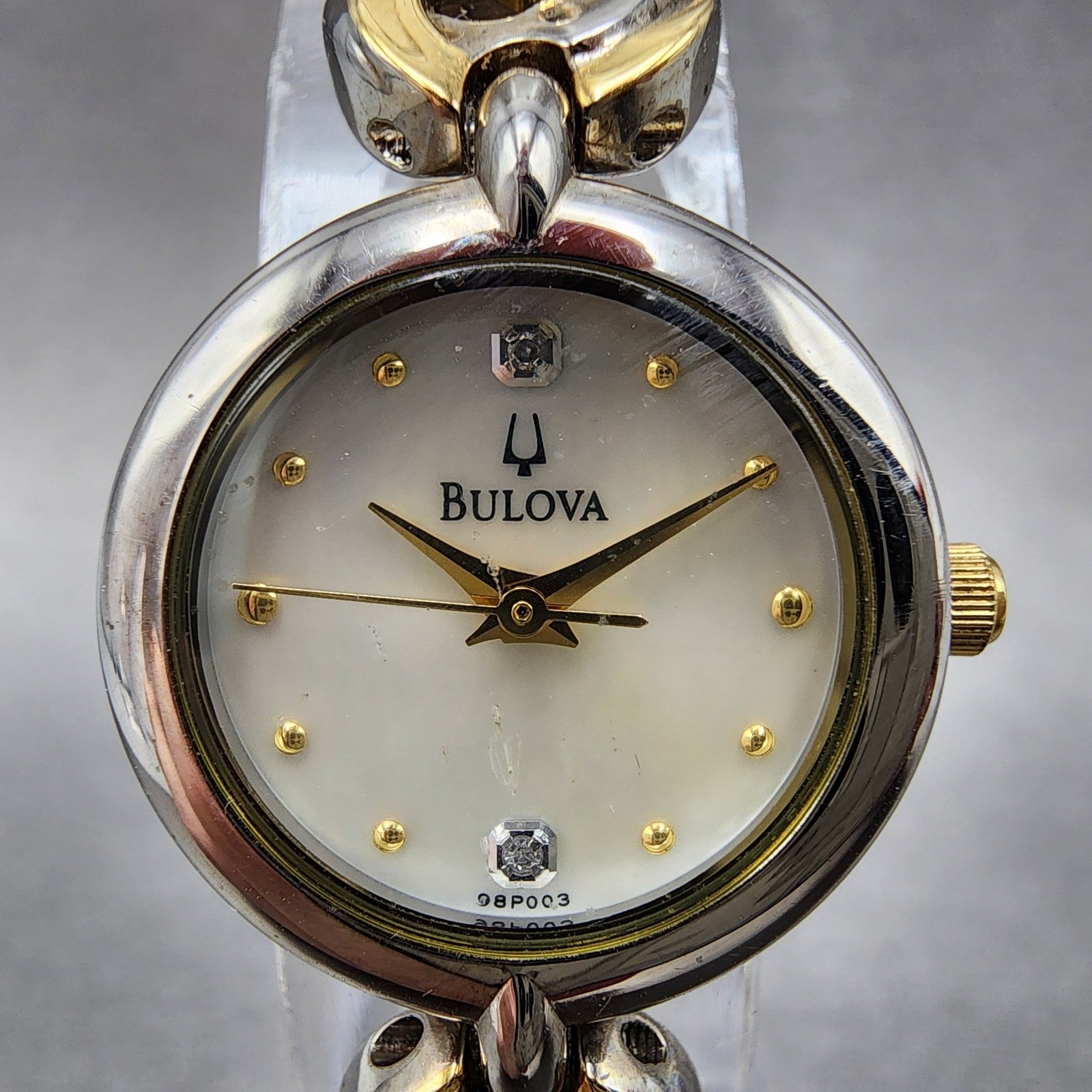 Bulova Diamond Watch Women 21mm MOP Dial Two Tone Round 98P003 New Battery0