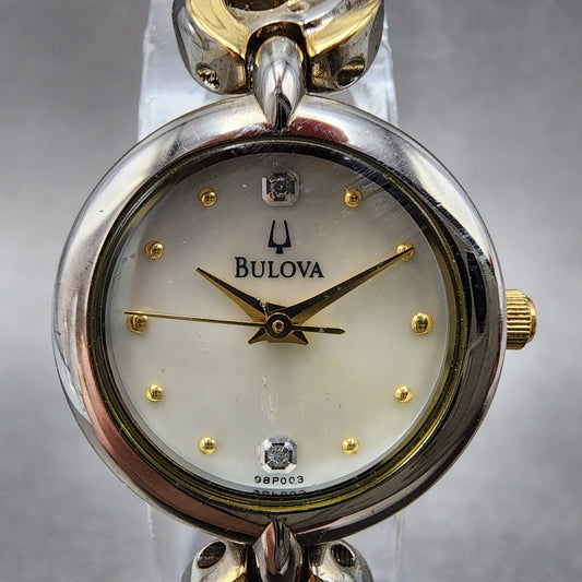 Bulova Diamond Watch Women 21mm MOP Dial Two Tone Round 98P003 New Battery0