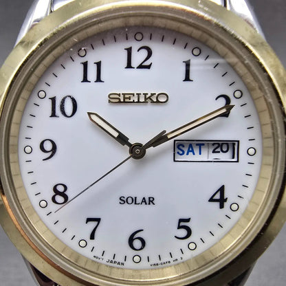 Seiko Solar Watch Men 37mm White Dial Two Tone Daydate Round V158-0AB0 Runs HNJJ1