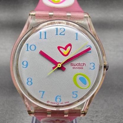 Swatch Pink Candy Watch Women 34mm White Dial Clear Case Round GE177 New Battery1