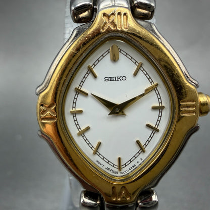 Seiko Watch Women 22mm White Dial Two Tone Oval 1n00-6e99 New Battery Vintage 6Y1