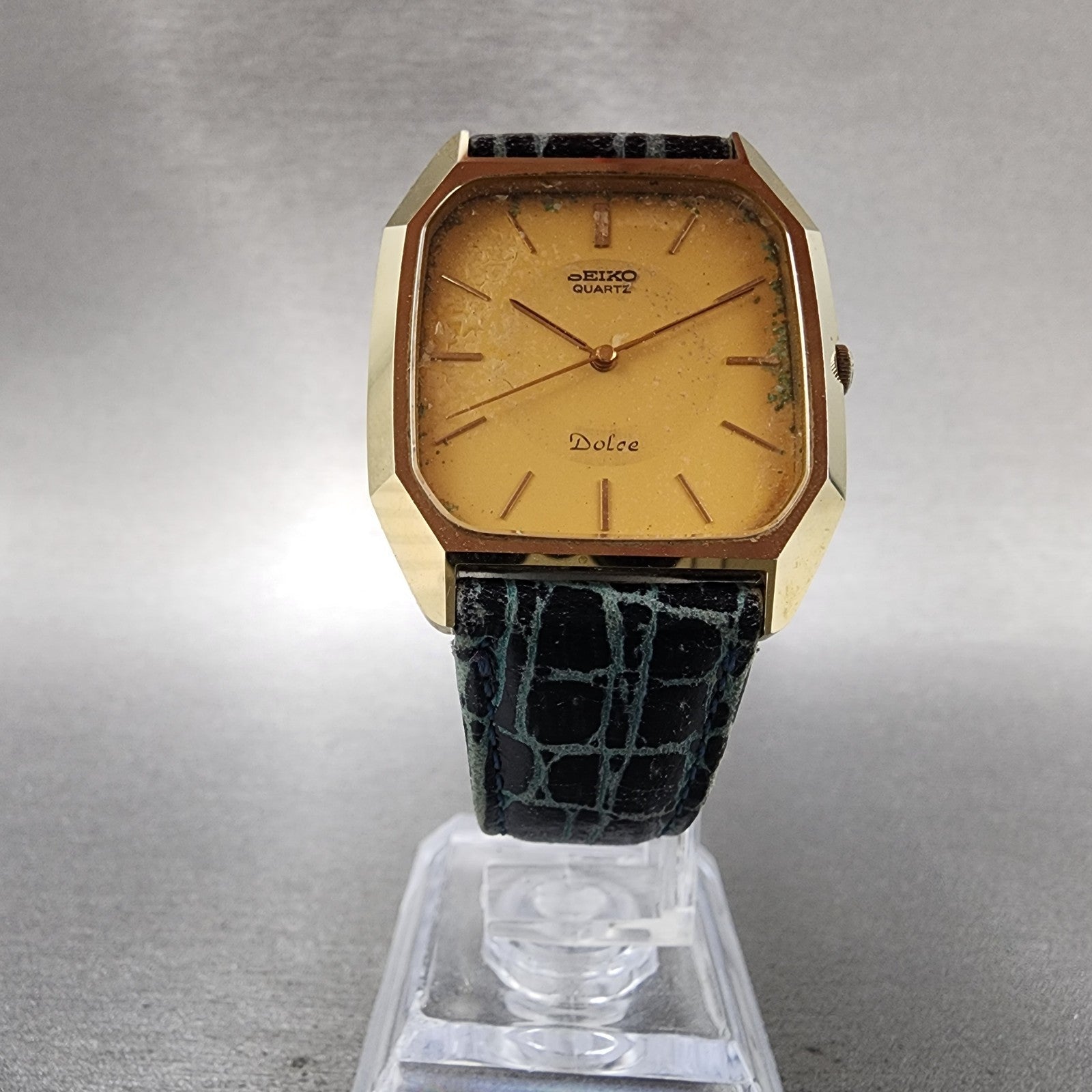 Seiko Dolce Tank Watch Men 30mm Gold Dial Gold Tone Rectangle 59315300 New Batt5