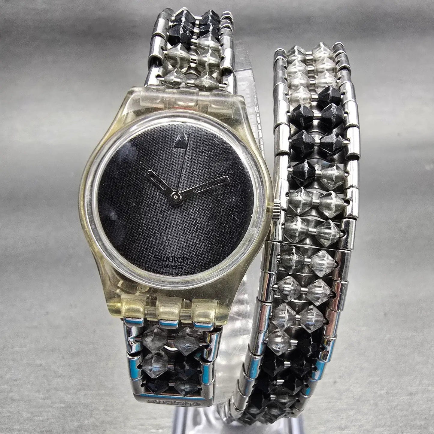 Swatch SPINNIN' AROUND Watch Women Gray Dial Clear Case Round LK205 New Battery0