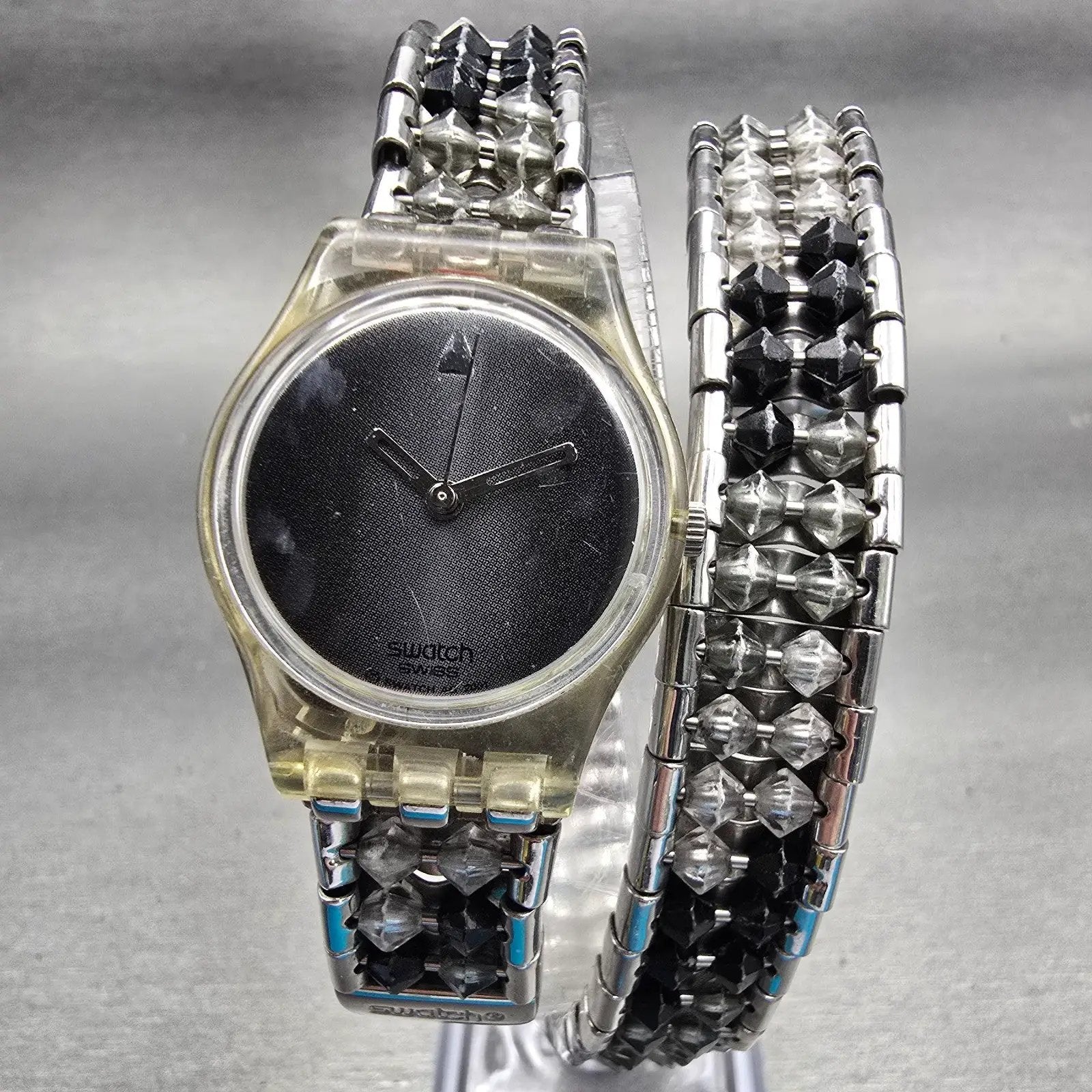 Swatch SPINNIN' AROUND Watch Women Gray Dial Clear Case Round LK205 New Battery0