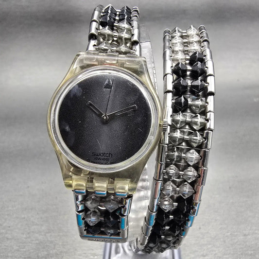 Swatch SPINNIN' AROUND Watch Women Gray Dial Clear Case Round LK205 New Battery0