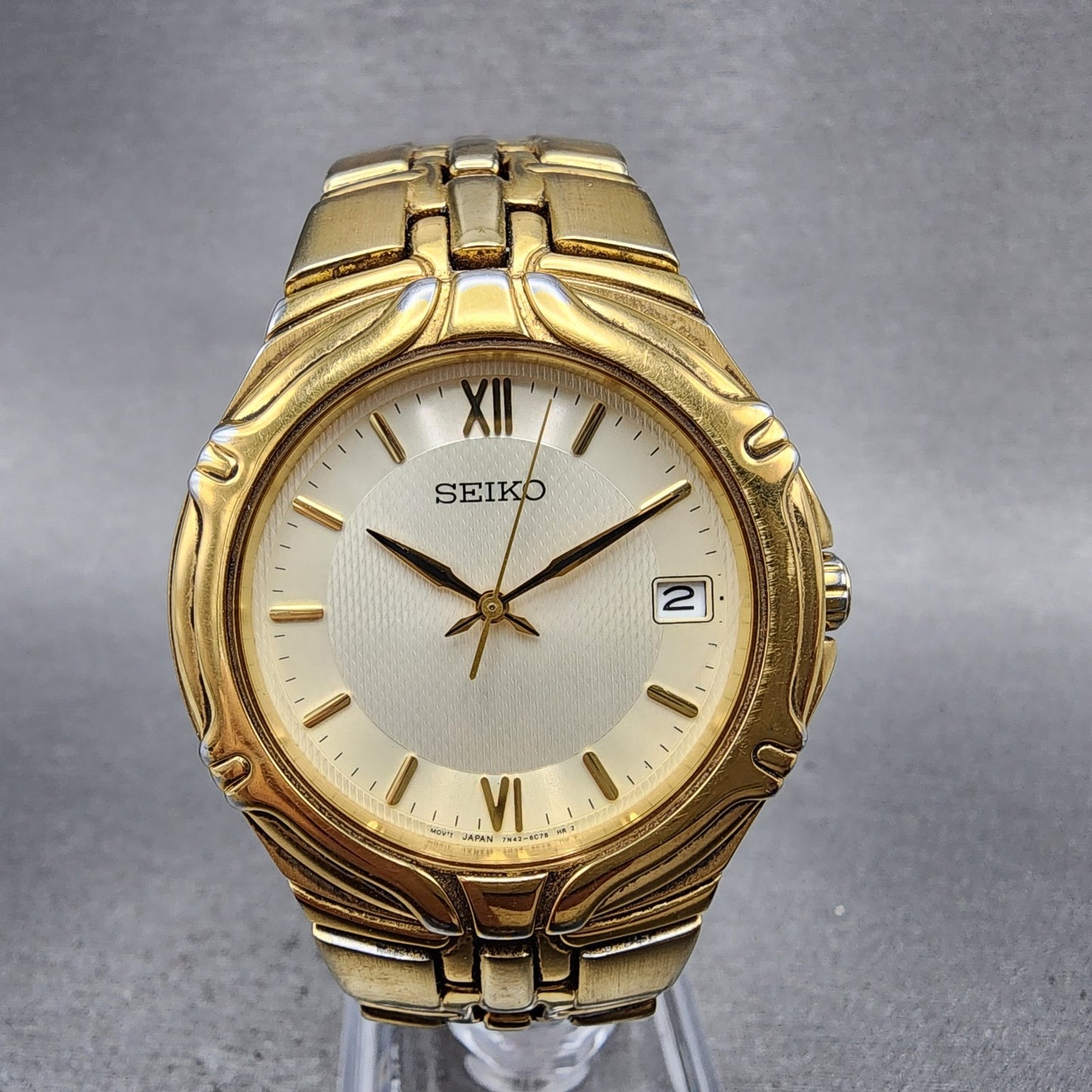 Seiko Watch Men 37mm White Dial Gold Date Round 7N420BD0 New Battery0