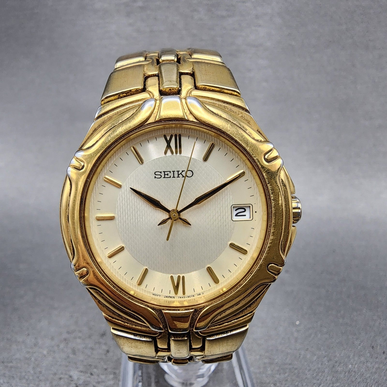 Seiko Watch Men 37mm White Dial Gold Date Round 7N420BD0 New Battery0