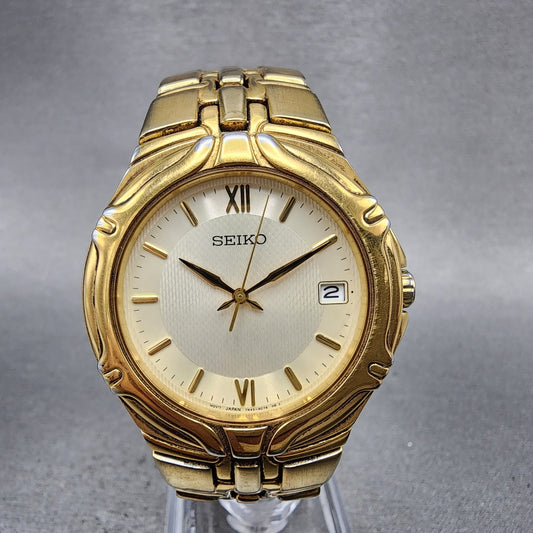 Seiko Watch Men 37mm White Dial Gold Date Round 7N420BD0 New Battery0