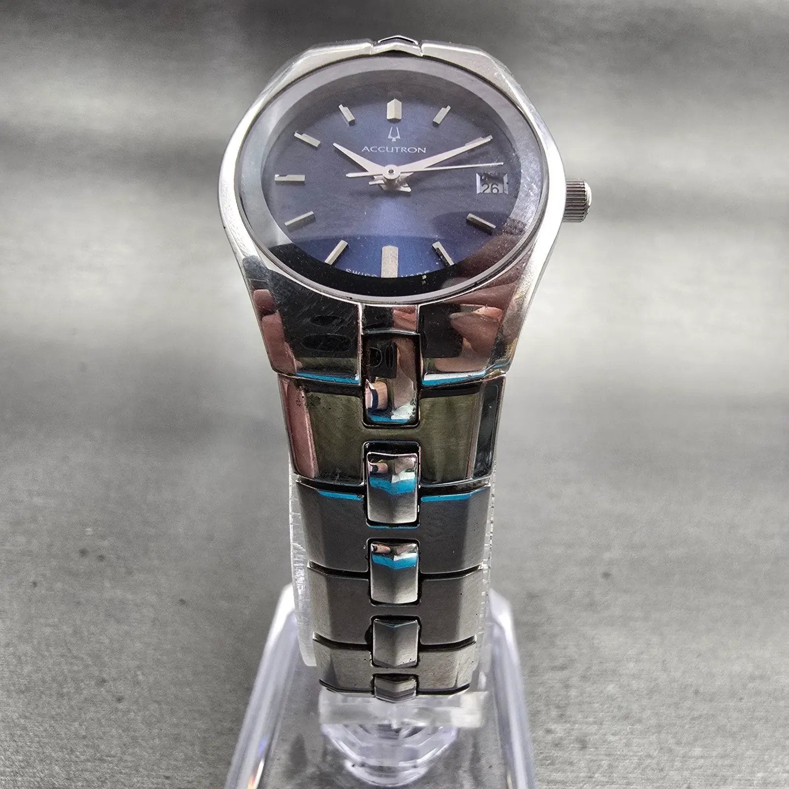 Bulova Accutron Watch Women 24mm Blue Dial Silver Tone Date 26M04 New Battery5