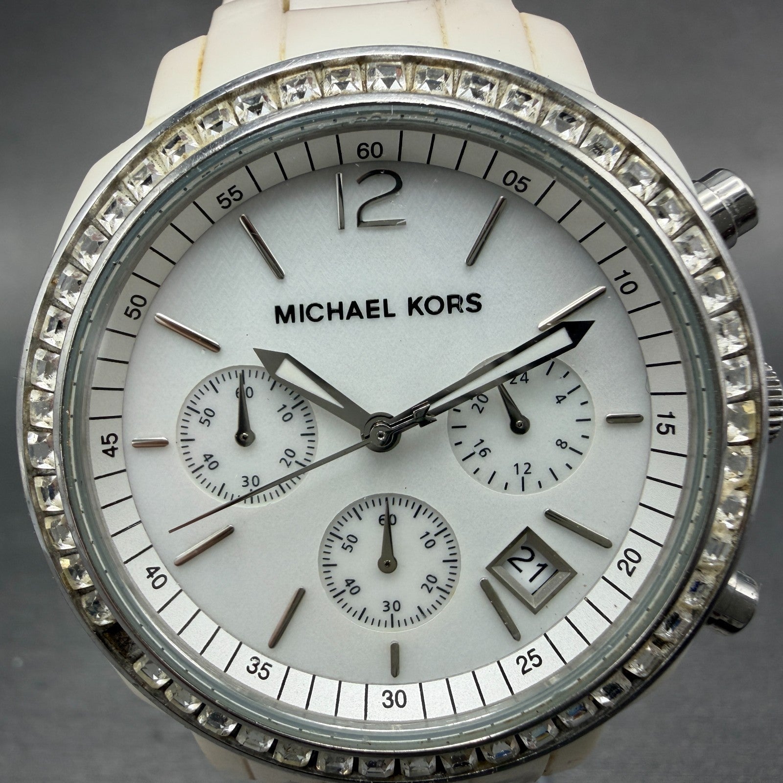 Michael kors Watch Women 40mm MOP Dial White Case Date Chrono MK-5079 New Batt1