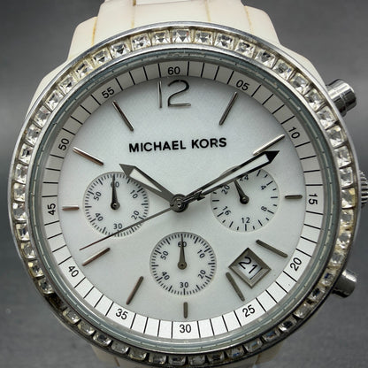 Michael kors Watch Women 40mm MOP Dial White Case Date Chrono MK-5079 New Batt1