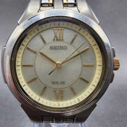Seiko Solar Watch Men 35mm Champagne Dial Two Tone Round V181-0AK0 Runs