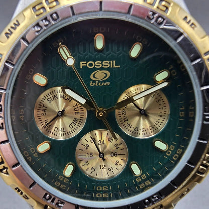 Fossil Blue Watch Men 40mm Green Dial Two Tone Daydate BQ-8776 New Battery1