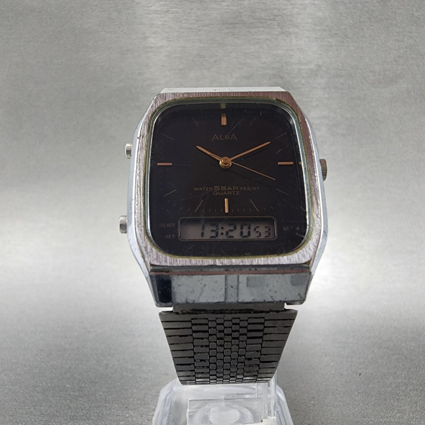 Seiko ALBA Analog Digital Watch Men 30mm Black Dial Silver Tone V041-5120 NewBat