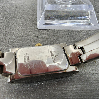 Bulova Tank Watch Women 14mm Silver Dial Two Tone Rectangle 98T60 New Battery10