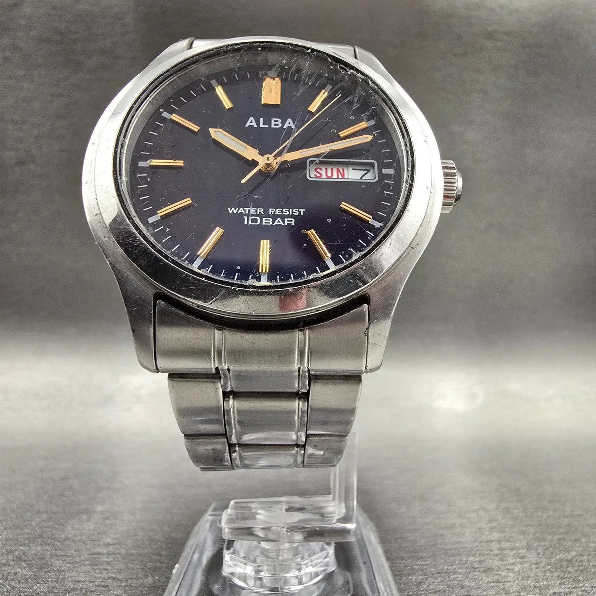 Seiko Alba Watch Men 38mm Blue Dial Silver Tone Daydate Round 7N43-0BA0 New Batt8