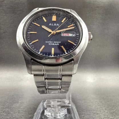 Seiko Alba Watch Men 38mm Blue Dial Silver Tone Daydate Round 7N43-0BA0 New Batt8