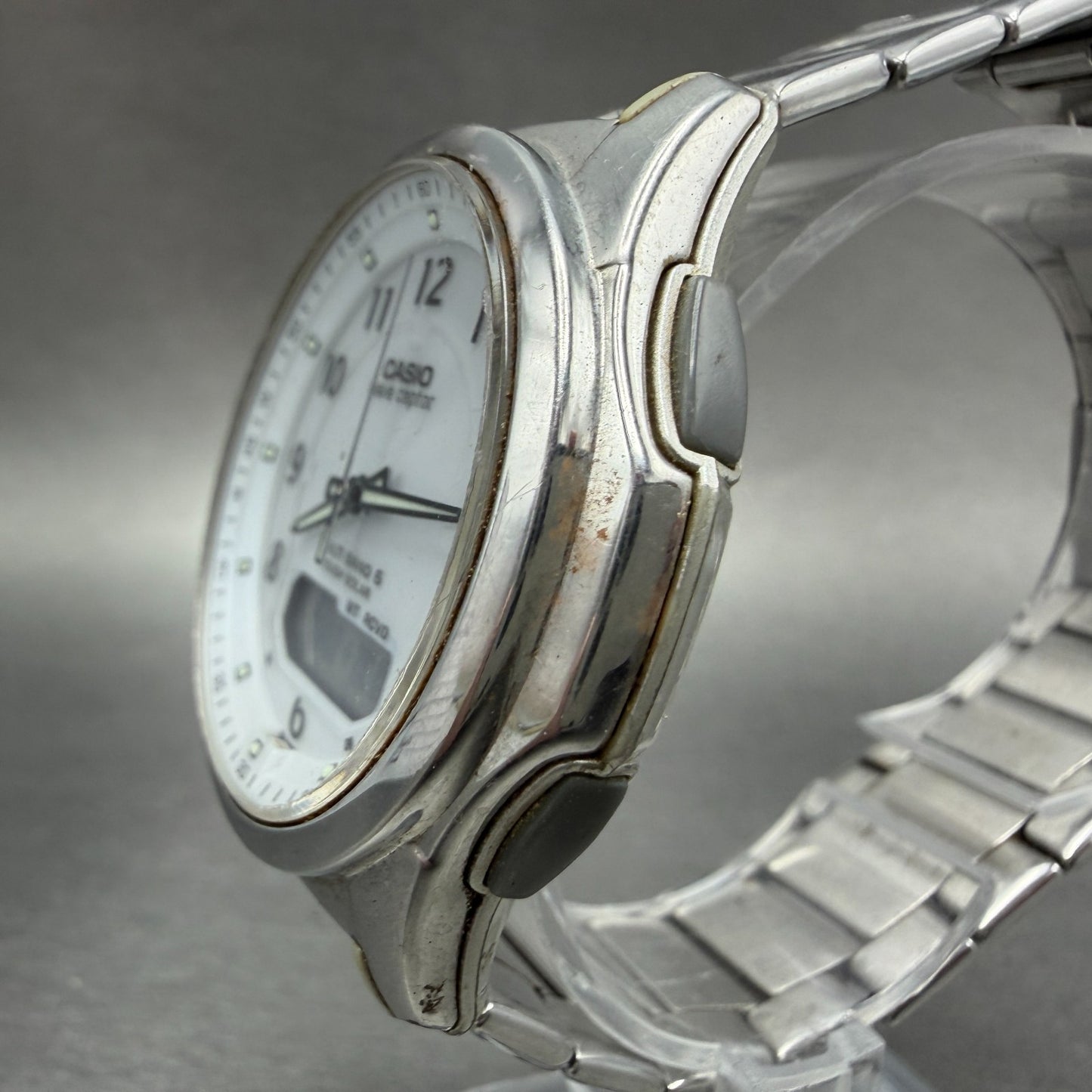 Casio Wave Ceptor Watch Men 42mm White Dial Steel Solar Analog Digital Works YUY2