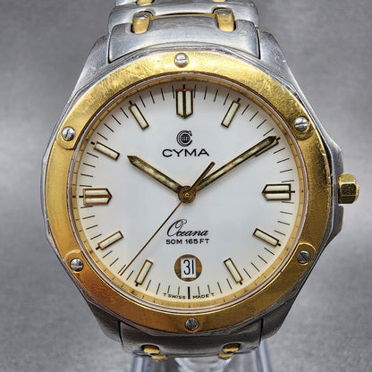 Cyma Oceana Watch Men 36mm White Dial Two Tone Date New Battery