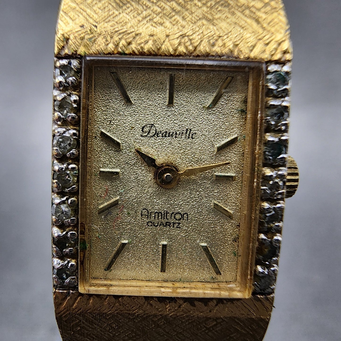 Armitron Deauville Tank Watch Women 15mm Gold Tone Diamond Bezel New Battery1