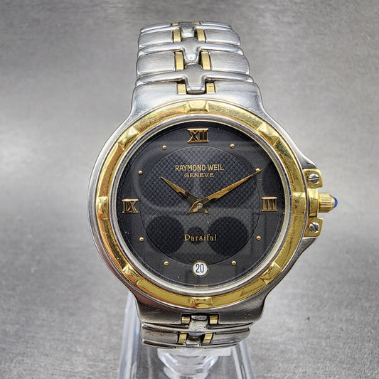 Raymond Weil Parsifal Watch Men 34mm Black Dial Two Tone Date Round New Battery0