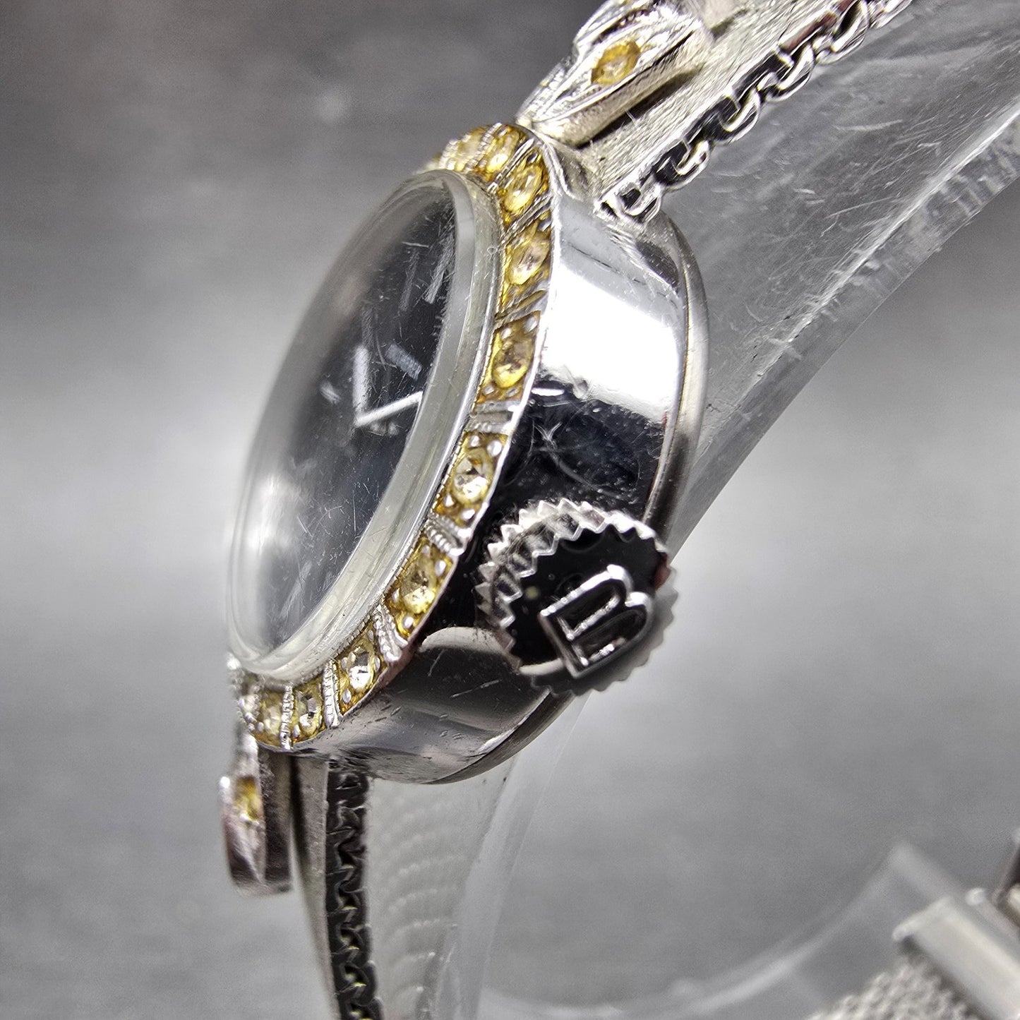 Bucherer Watch Women 20mm Black Dial Silver Tone Manual Wind Runs Gem Set Bezel2