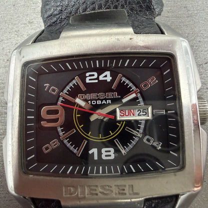 Diesel Bugout Watch Men 49mm Black Dial Steel Daydate Rectangle DZ-1215 New Batt1