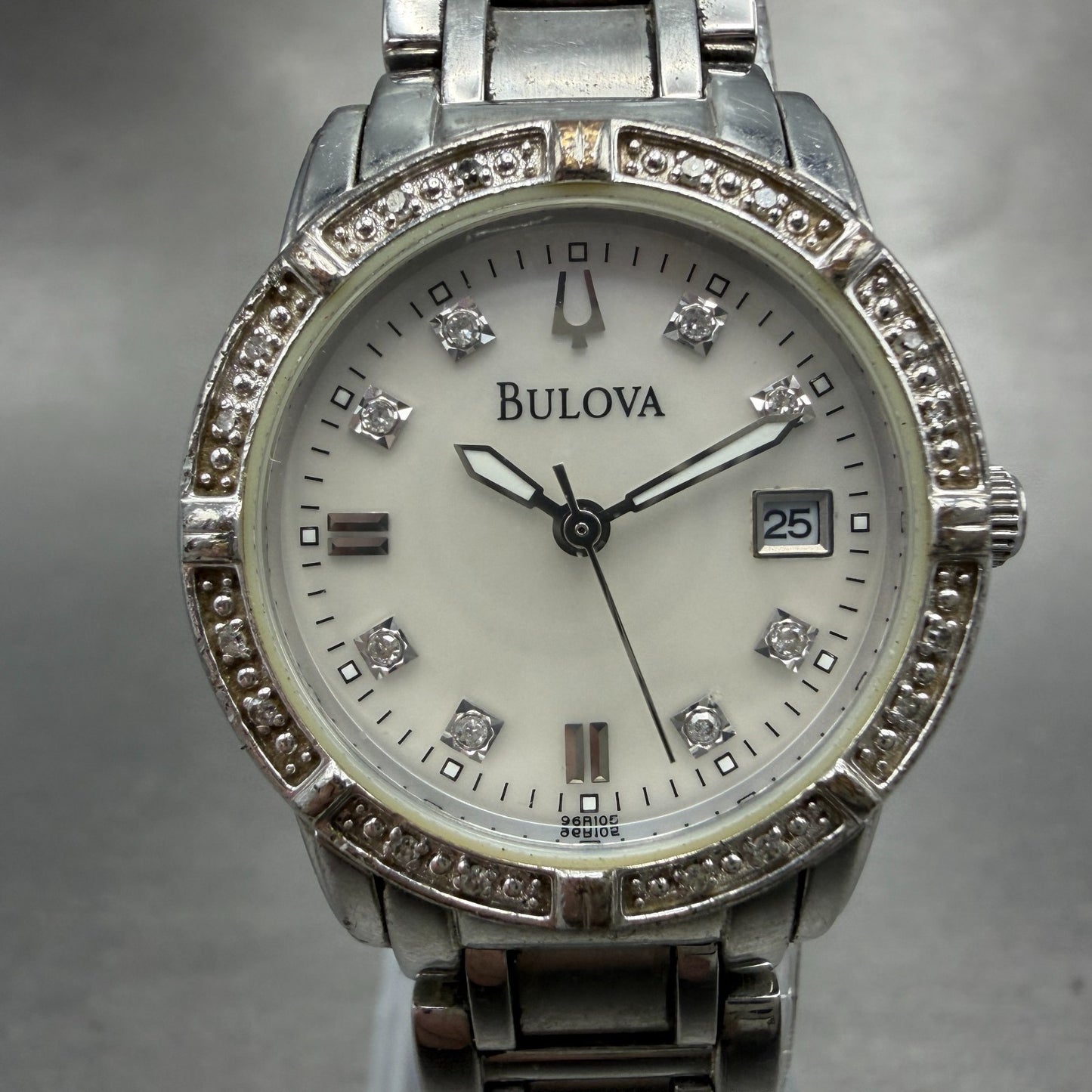 Bulova Watch Women 26mm MOP Dial Silver Tone Date Round 96R105 New Battery0