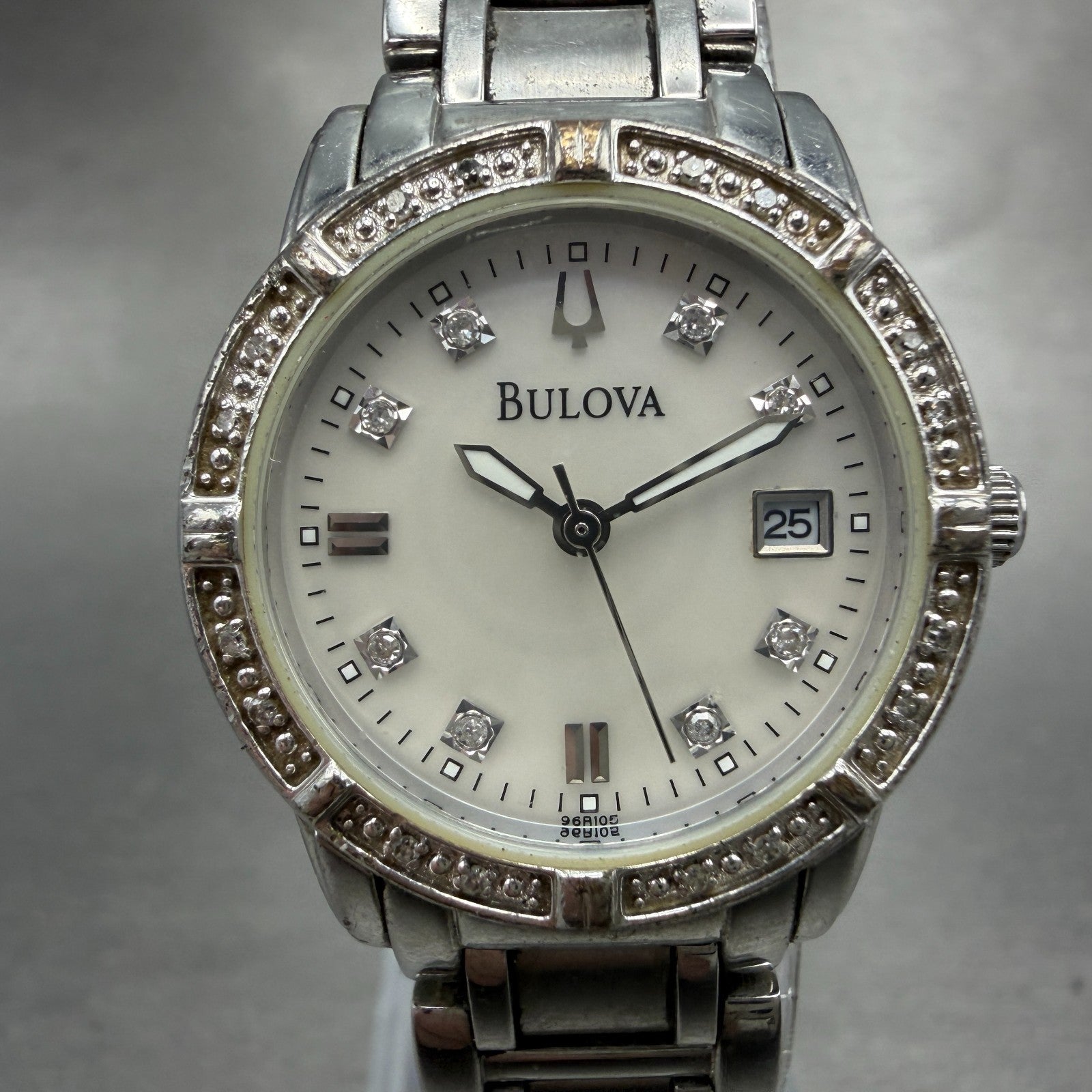 Bulova Watch Women 26mm MOP Dial Silver Tone Date Round 96R105 New Battery0