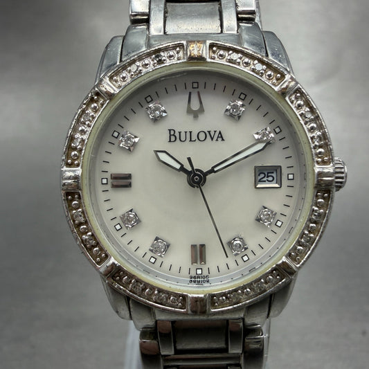 Bulova Watch Women 26mm MOP Dial Silver Tone Date Round 96R105 New Battery0