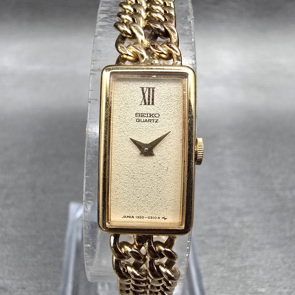 Seiko Watch Women 12mm Champagne Dial Gold Tone Rectangle 1320-5250 New Battery0