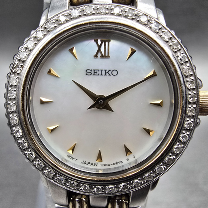Seiko Watch Women 23mm MOP Dial Silver Diamond Bezel Round 1N00-0KH0 New Battery1