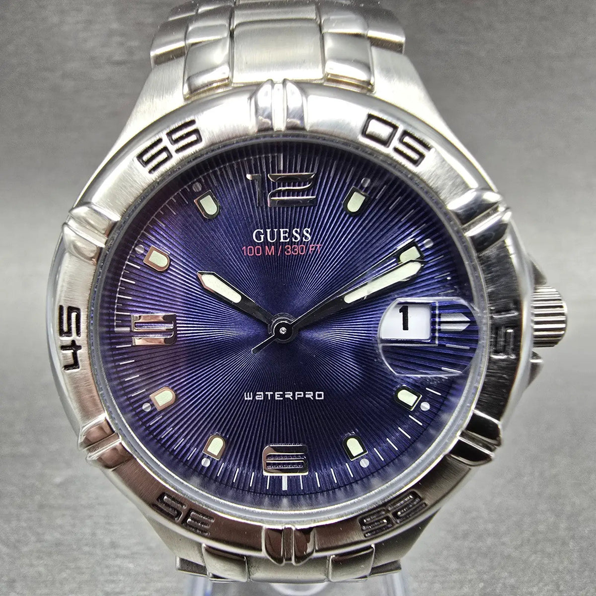 Guess Waterpro Watch Men 38mm Blue Dial Steel Date Round G65131G New Battery0