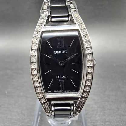 Seiko Solar Watch Women 19mm Black Dial Black Silver Crystal Bezel V115-0AY00