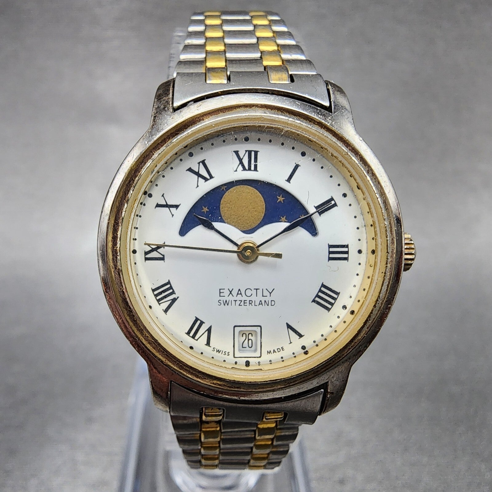 Exactly Moonphase Watch Women 26mm White Dial Two Tone Date Round New Battery0