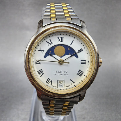 Exactly Moonphase Watch Women 26mm White Dial Two Tone Date Round New Battery0