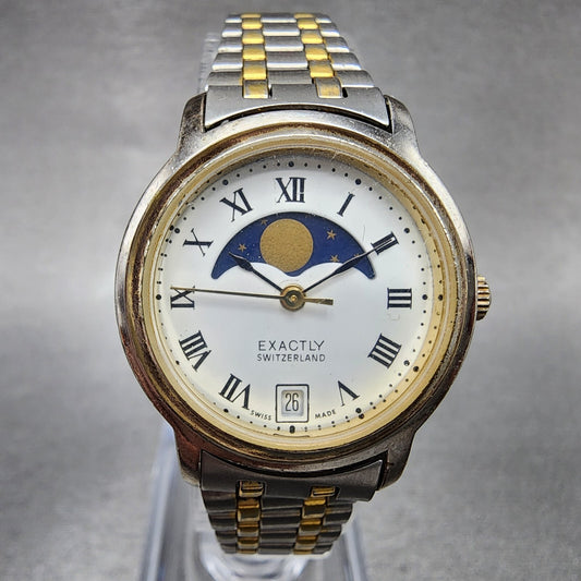 Exactly Moonphase Watch Women 26mm White Dial Two Tone Date Round New Battery0